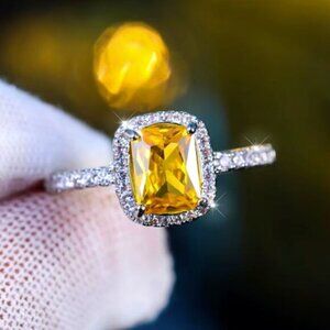 NEW 18k White Gold Citrine Diamond Ring Cushion Cut Ring